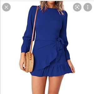 Royal Blue Long Sleeve Faux Wrap Dress